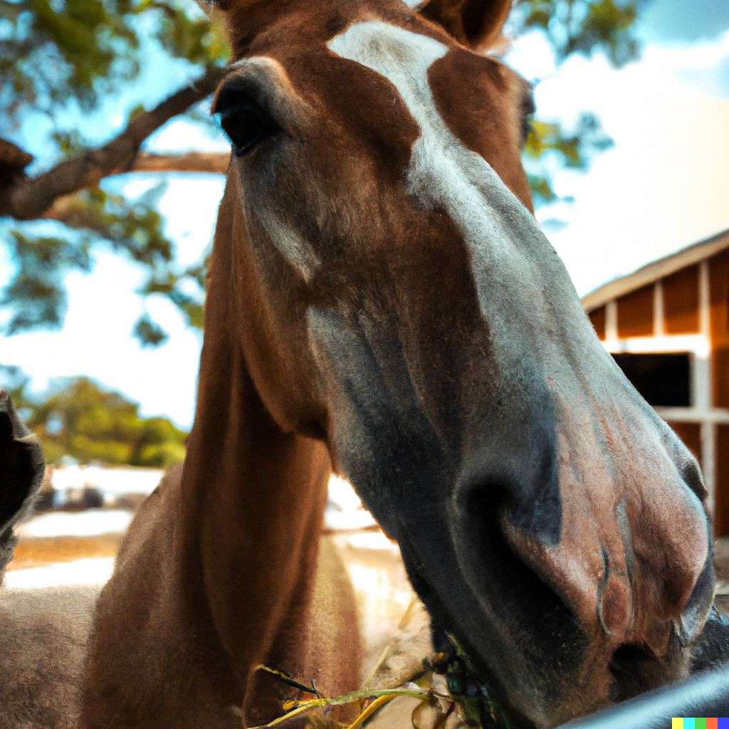 a horse, photograph, taken from a low angle